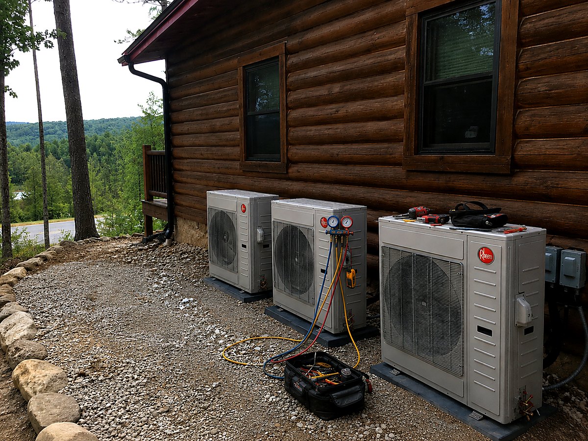 Three Rheem mini-split systems serviced at a log cabin overlooking the valley
