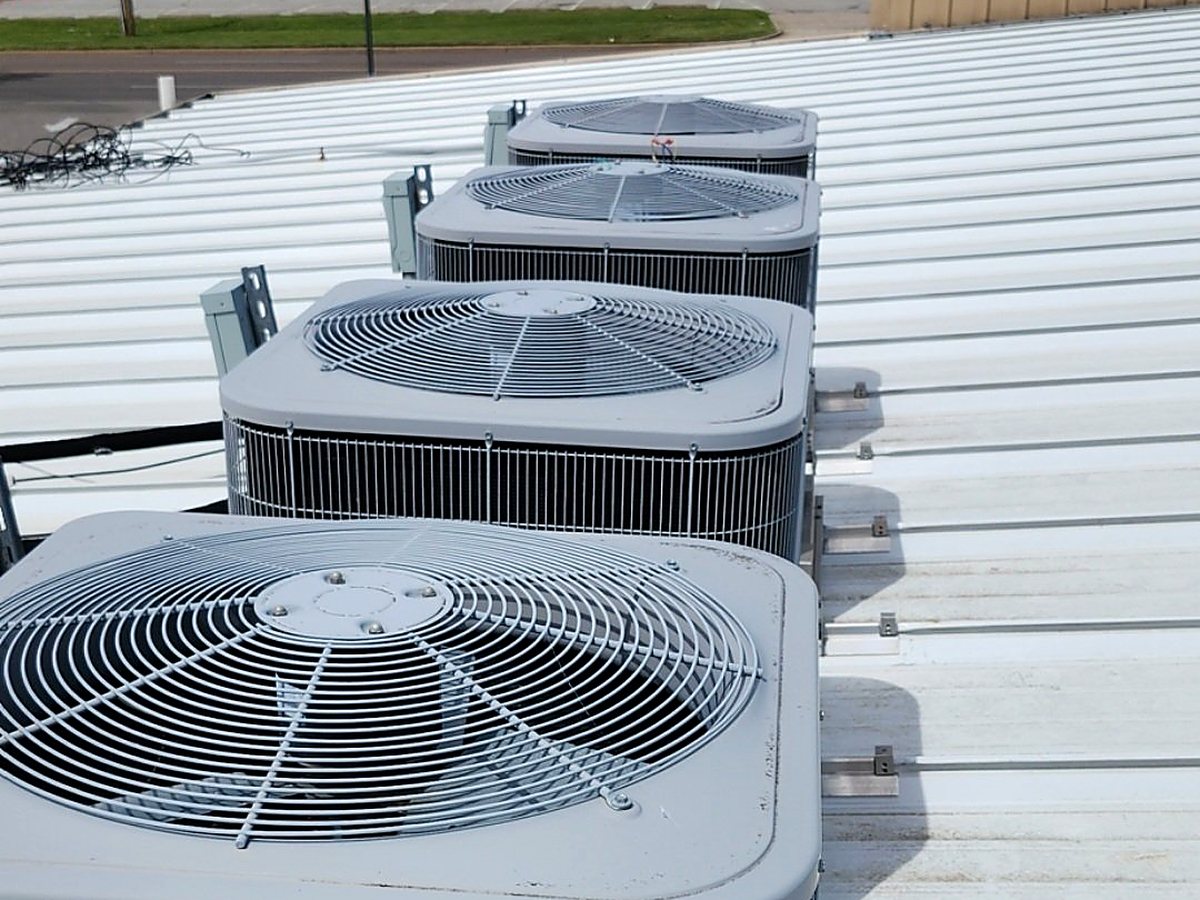Row of Carrier condensers on a commercial rooftop